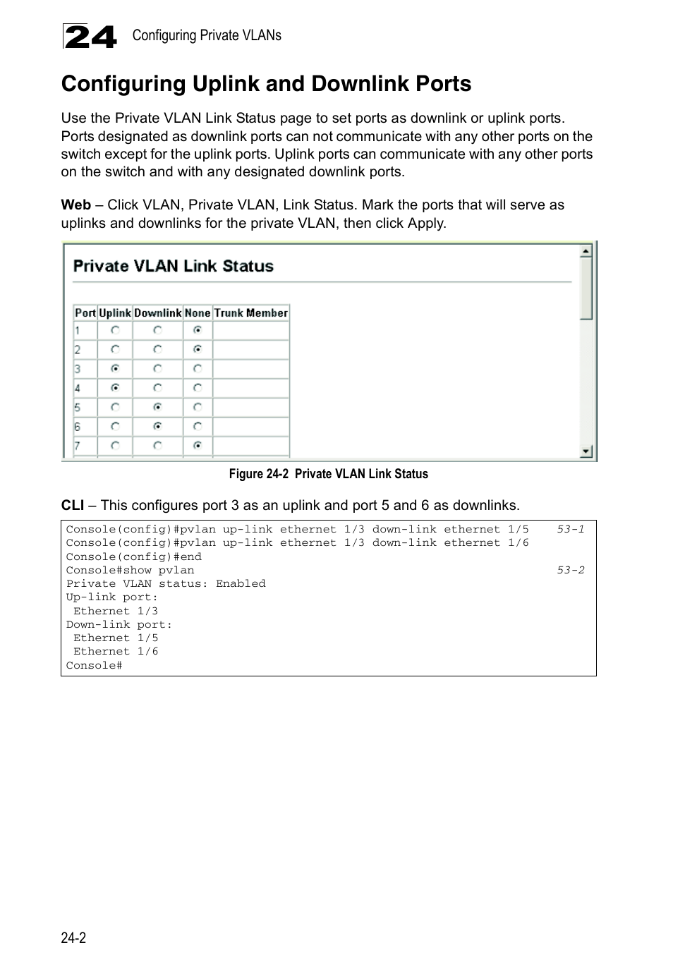 Configuring uplink and downlink ports, Figure 24-2, Private vlan link status | Accton Technology Direk Tronik ES4524D User Manual | Page 228 / 588