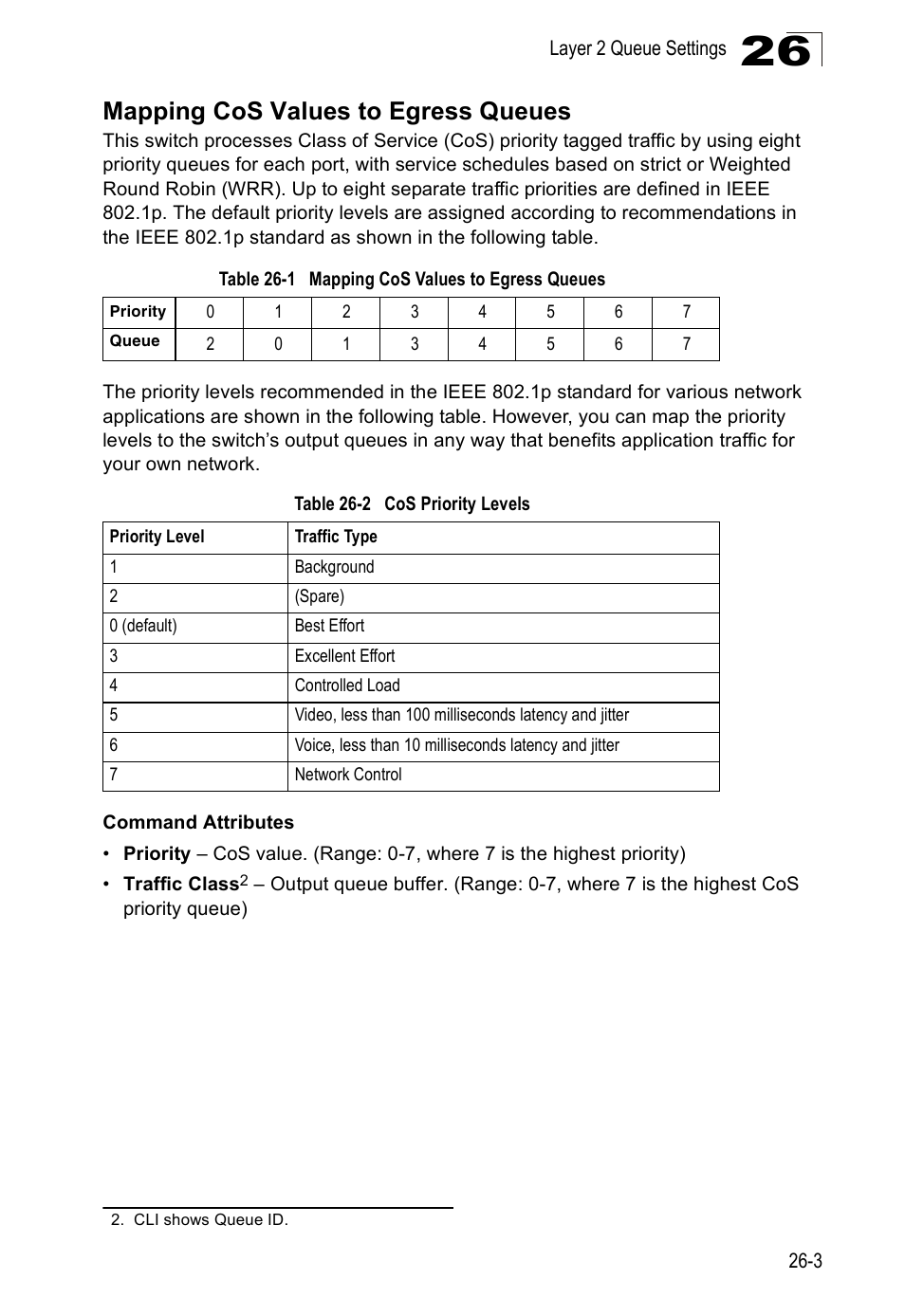 Mapping cos values to egress queues, Table 26-1, Table 26-2 | Cos priority levels | Accton Technology Direk Tronik ES4524D User Manual | Page 235 / 588
