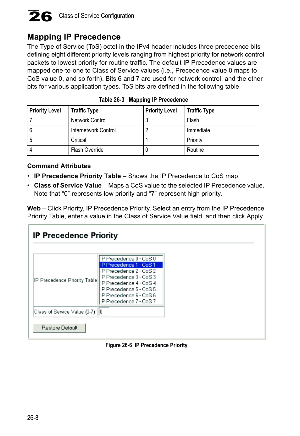 Mapping ip precedence, Table 26-3, Figure 26-6 | Ip precedence priority | Accton Technology Direk Tronik ES4524D User Manual | Page 240 / 588