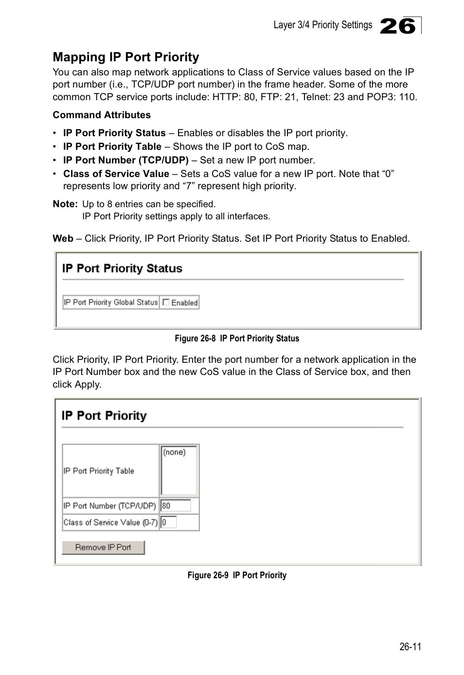 Mapping ip port priority, Figure 26-8, Ip port priority status | Figure 26-9, Ip port priority | Accton Technology Direk Tronik ES4524D User Manual | Page 243 / 588
