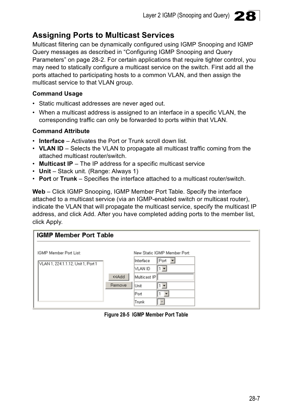 Assigning ports to multicast services, Figure 28-5, Igmp member port table | Accton Technology Direk Tronik ES4524D User Manual | Page 259 / 588