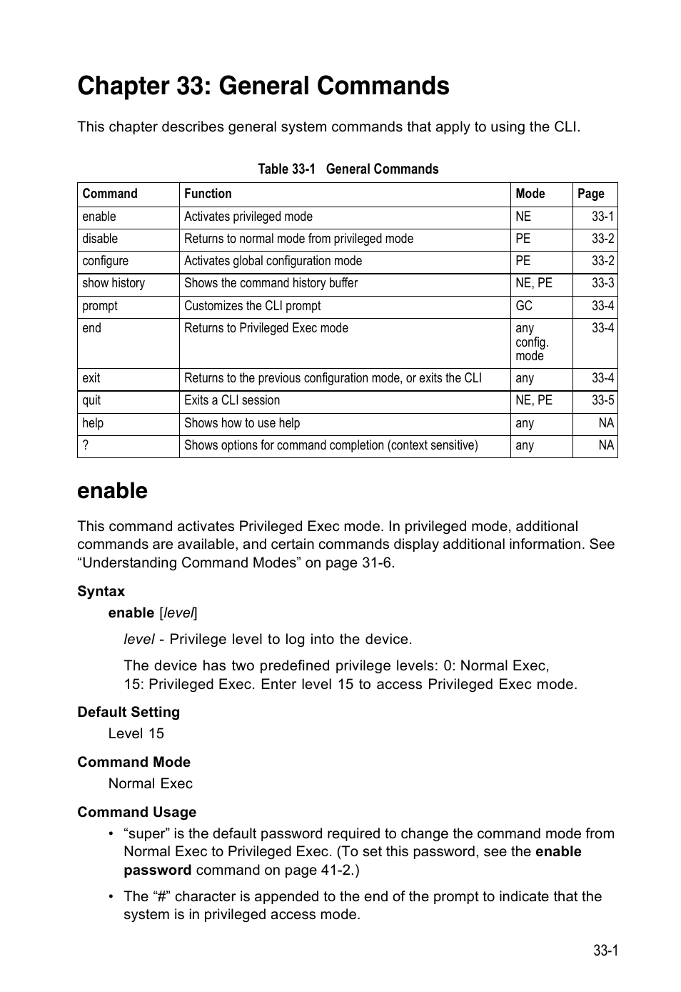 Chapter 33: general commands, Enable, Enable 33-1 | Table 33-1, General commands | Accton Technology Direk Tronik ES4524D User Manual | Page 285 / 588