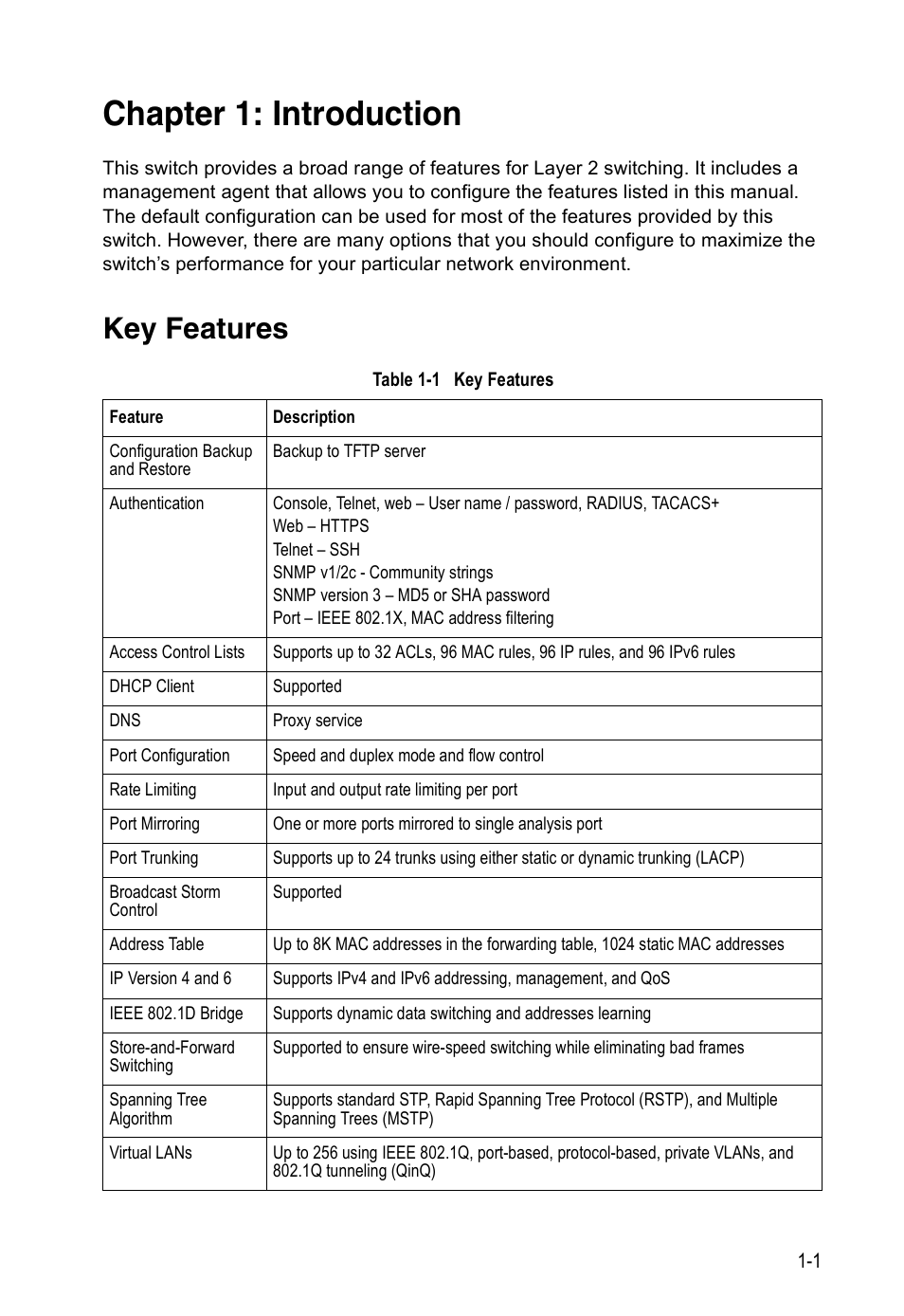 Chapter 1: introduction, Key features, Table 1-1 | Introduction | Accton Technology Direk Tronik ES4524D User Manual | Page 29 / 588