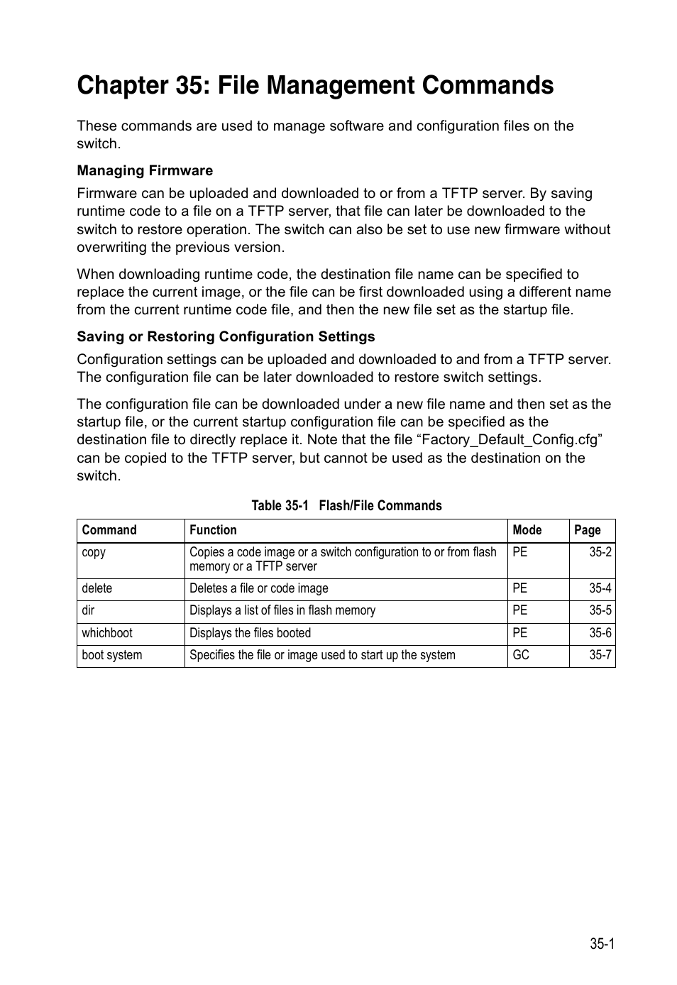 Chapter 35: file management commands, Table 35-1, Flash/file commands | File management commands | Accton Technology Direk Tronik ES4524D User Manual | Page 301 / 588