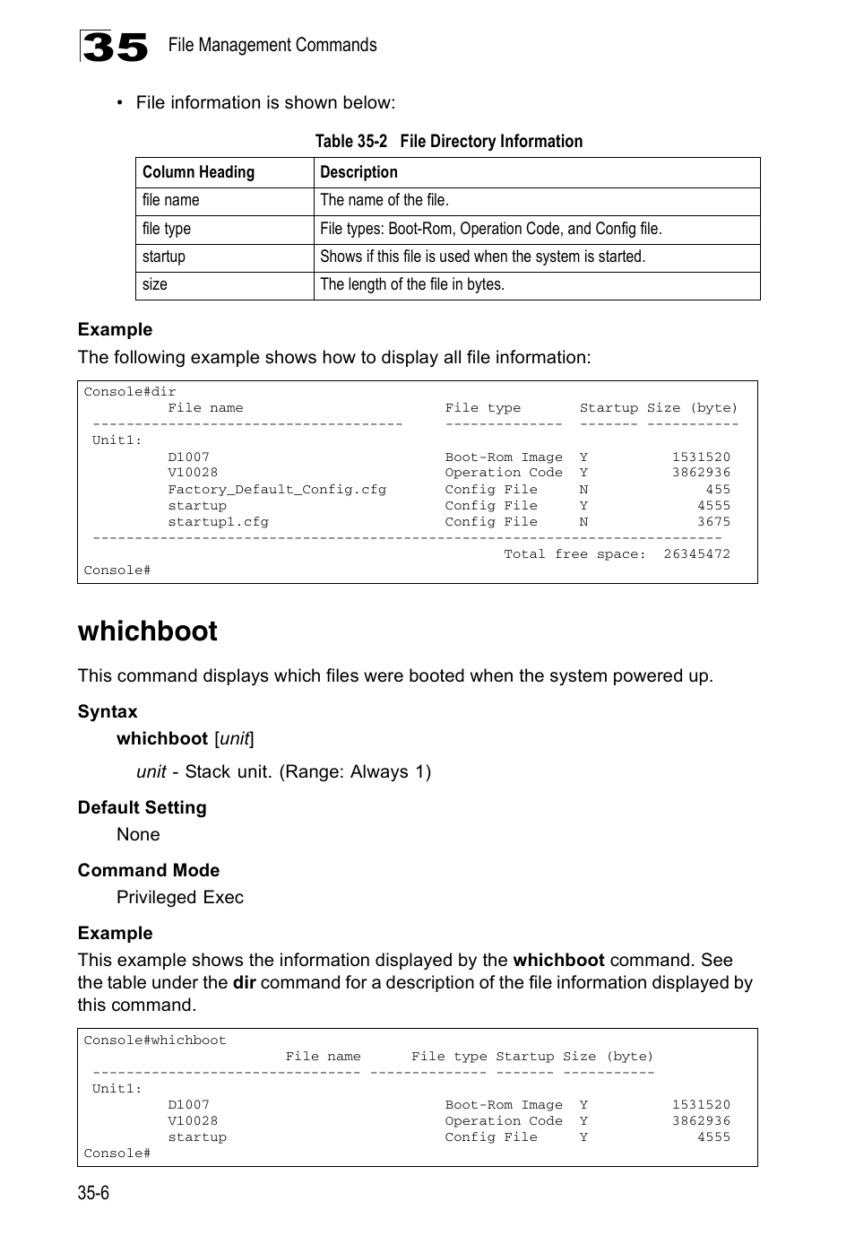 Whichboot, Whichboot 35-6, Table 35-2 | File directory information | Accton Technology Direk Tronik ES4524D User Manual | Page 306 / 588