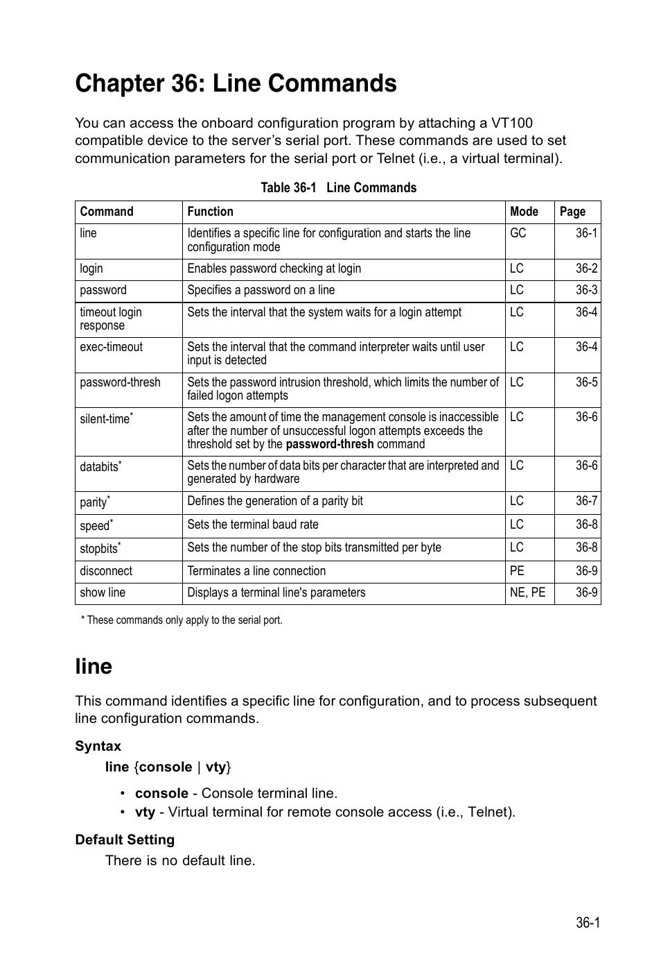 Chapter 36: line commands, Line, Table 36-1 | Line commands | Accton Technology Direk Tronik ES4524D User Manual | Page 309 / 588