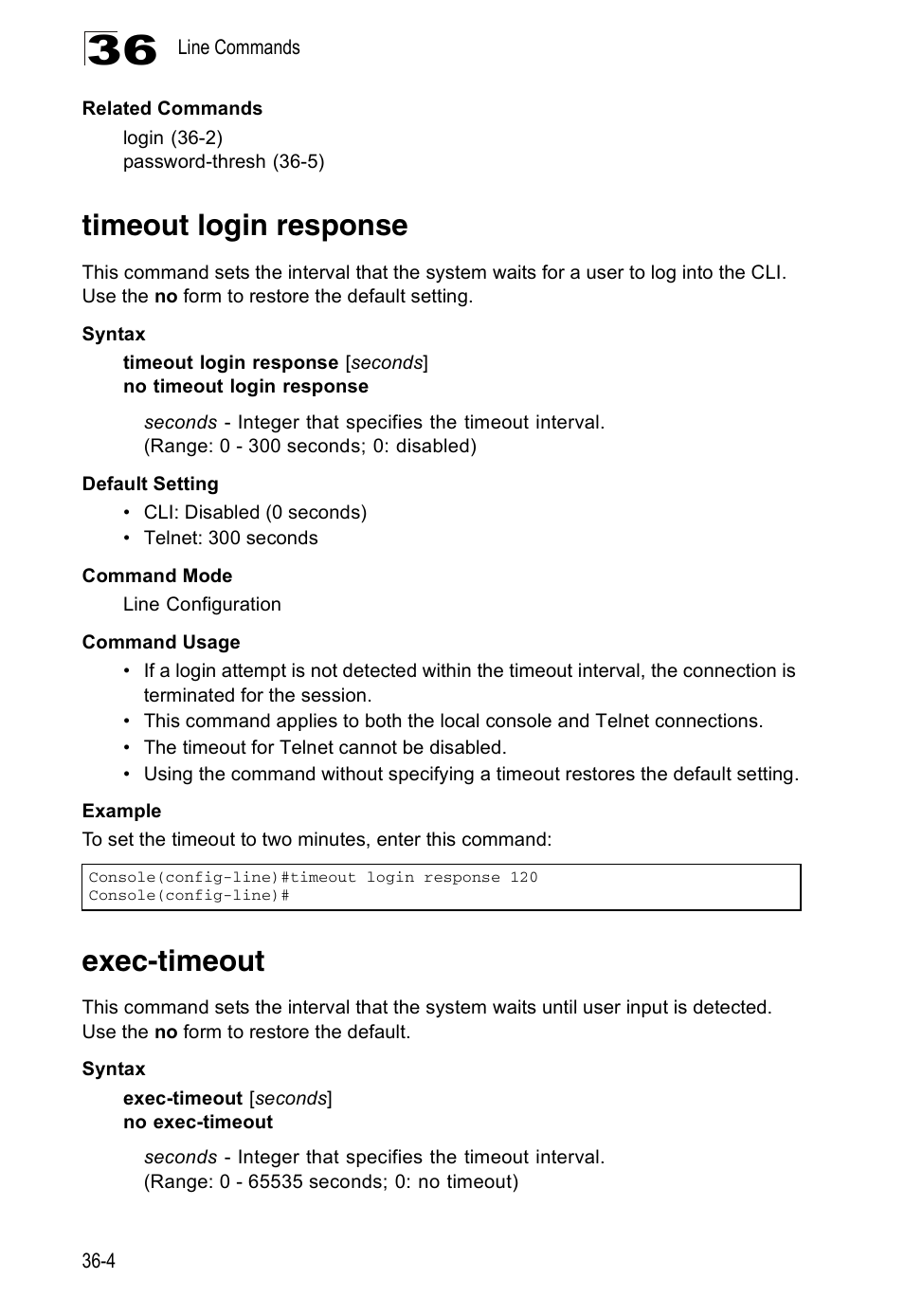 Timeout login response, Exec-timeout, Exec-timeout 36-4 | Accton Technology Direk Tronik ES4524D User Manual | Page 312 / 588