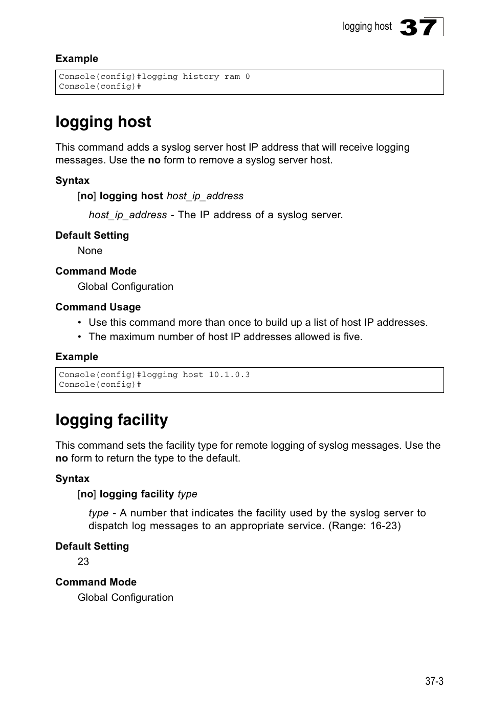 Logging host, Logging facility | Accton Technology Direk Tronik ES4524D User Manual | Page 321 / 588