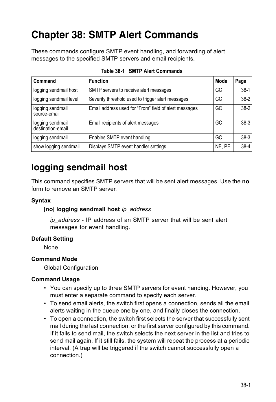 Chapter 38: smtp alert commands, Logging sendmail host, Table 38-1 | Smtp alert commands | Accton Technology Direk Tronik ES4524D User Manual | Page 327 / 588