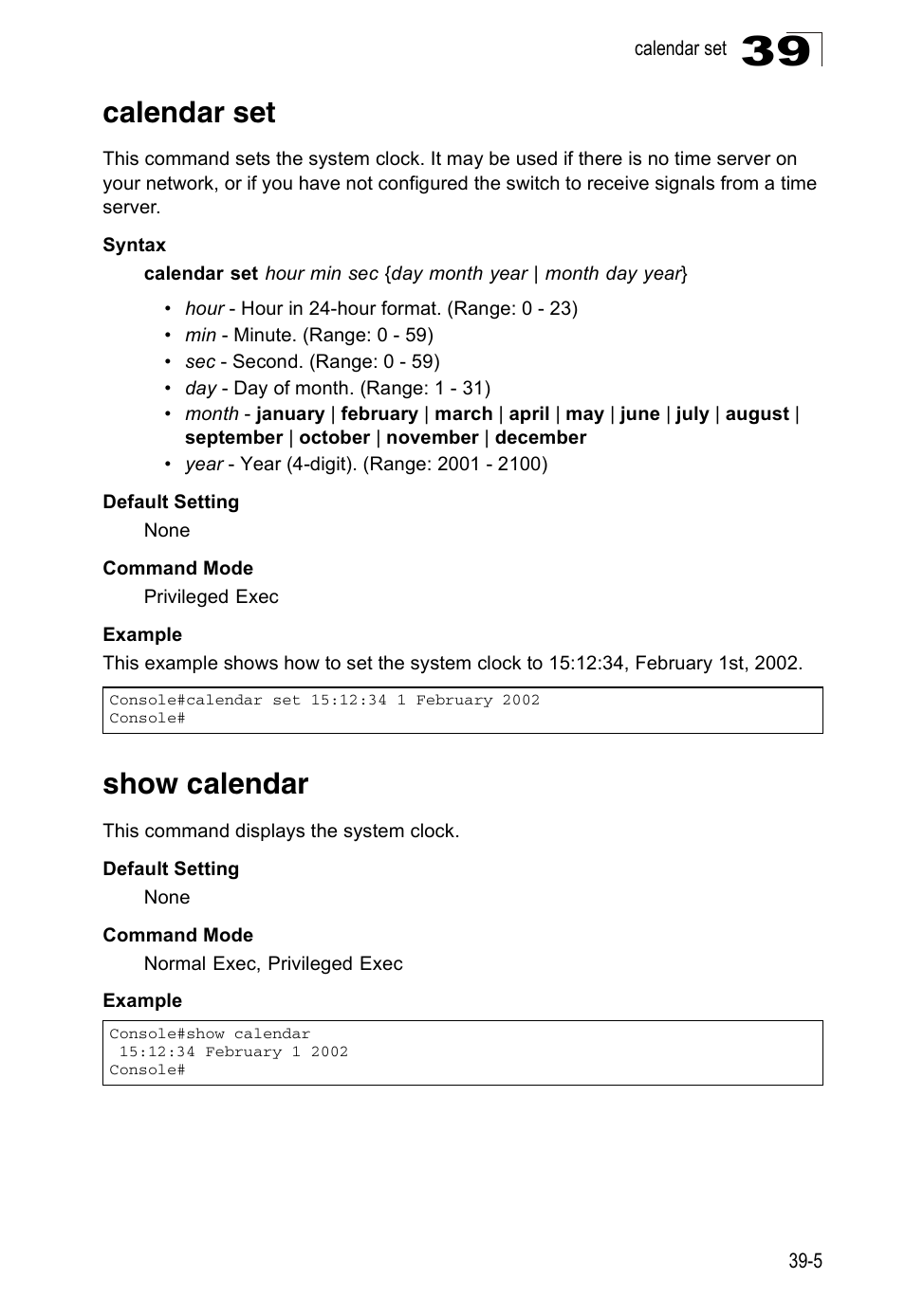 Calendar set, Show calendar | Accton Technology Direk Tronik ES4524D User Manual | Page 335 / 588