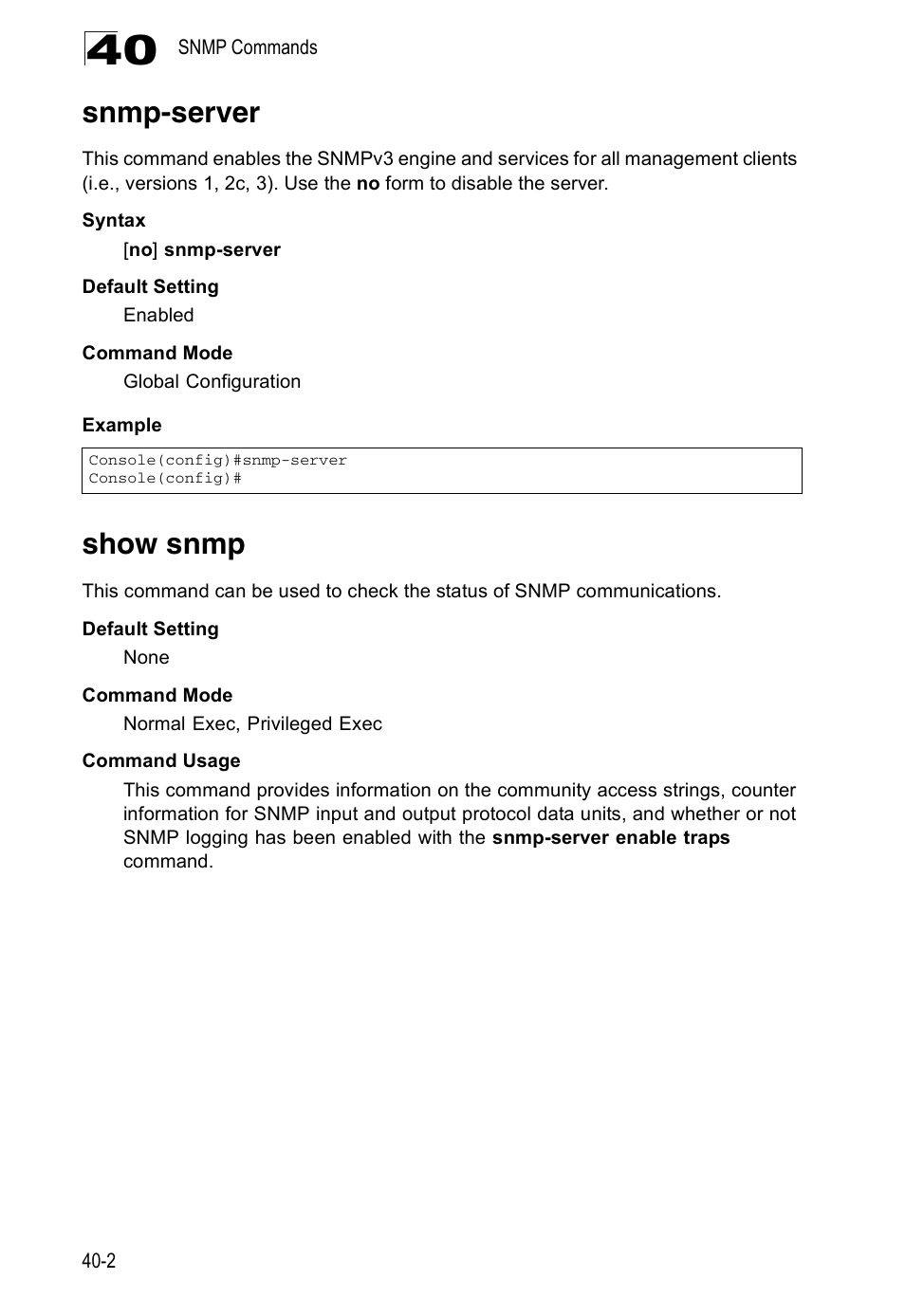Snmp-server, Show snmp, Snmp-server 40-2 show snmp | Accton Technology Direk Tronik ES4524D User Manual | Page 338 / 588