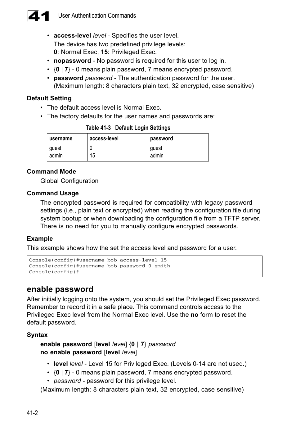 Enable password, Table 41-3, Default login settings | Enable password (41-2) | Accton Technology Direk Tronik ES4524D User Manual | Page 354 / 588