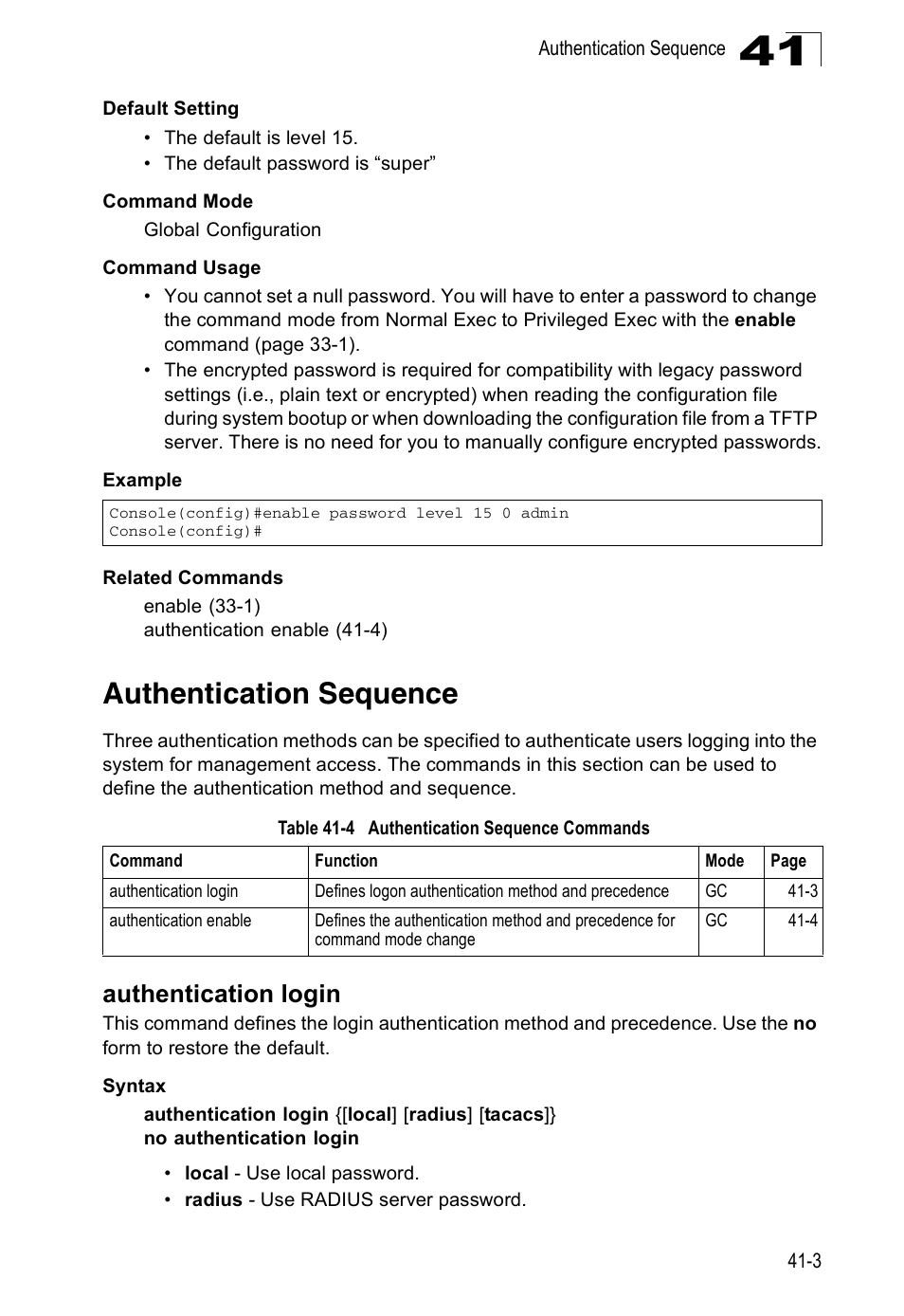Authentication sequence, Authentication login, Table 41-4 | Authentication sequence commands | Accton Technology Direk Tronik ES4524D User Manual | Page 355 / 588