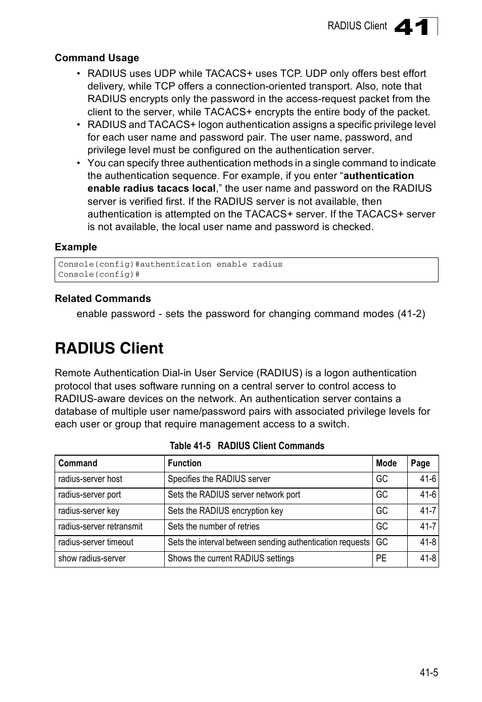 Radius client, Table 41-5, Radius client commands | Accton Technology Direk Tronik ES4524D User Manual | Page 357 / 588