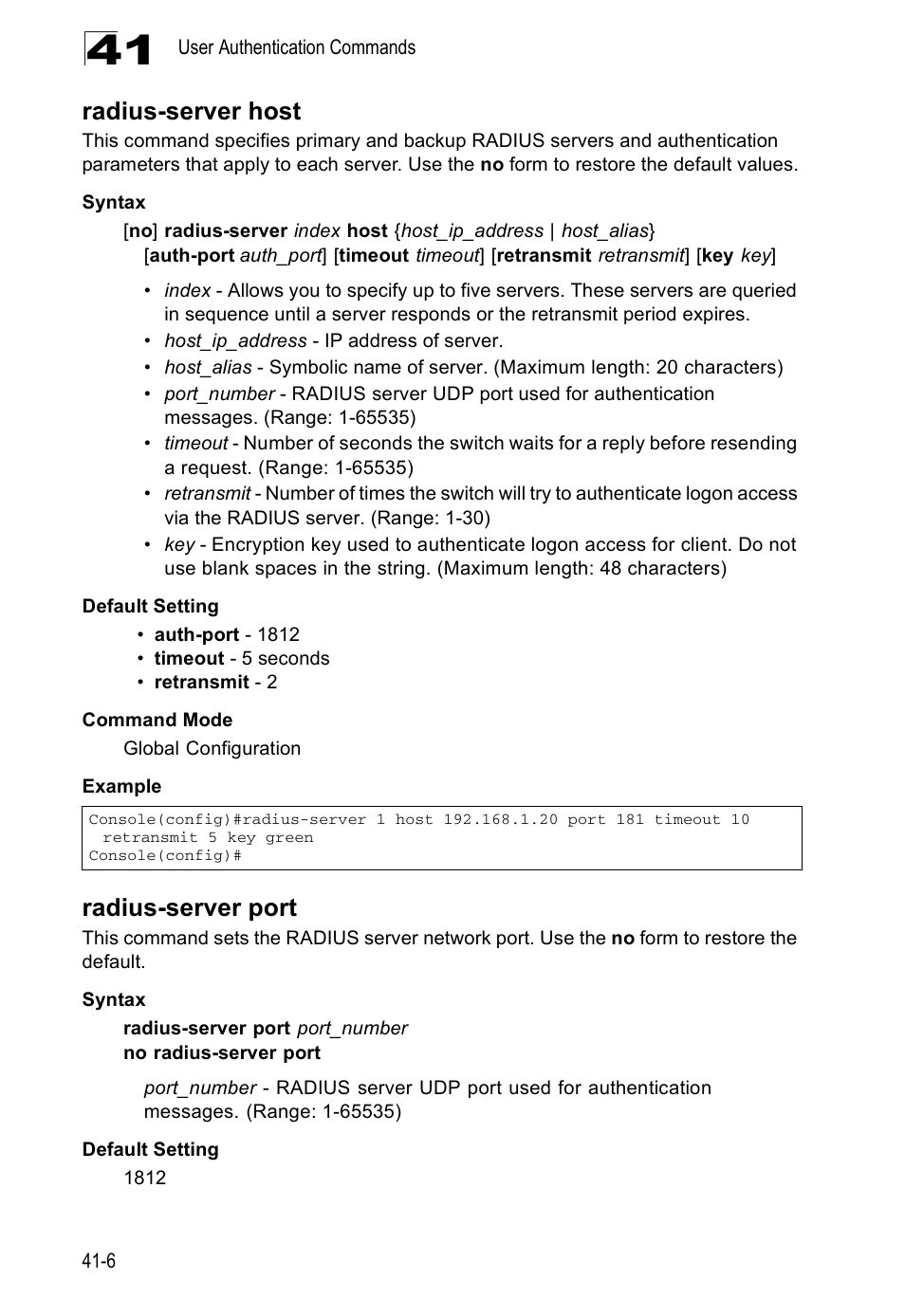 Radius-server host, Radius-server port | Accton Technology Direk Tronik ES4524D User Manual | Page 358 / 588