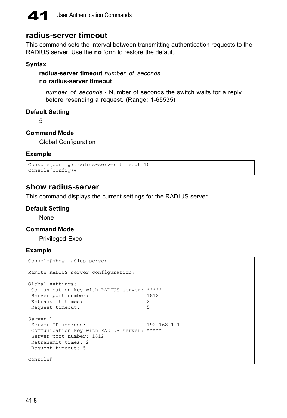 Radius-server timeout, Show radius-server | Accton Technology Direk Tronik ES4524D User Manual | Page 360 / 588