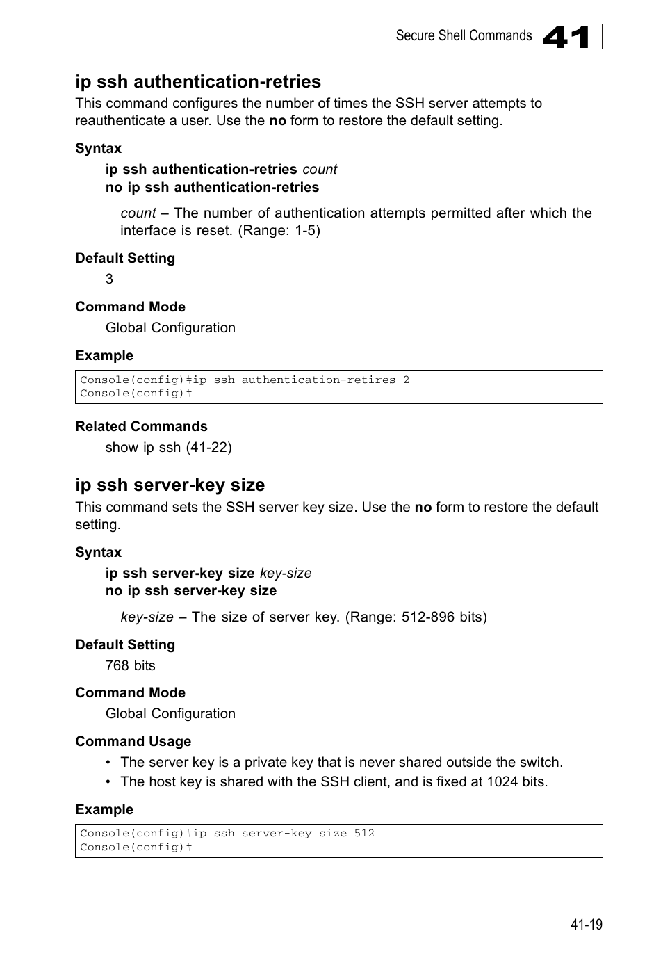 Ip ssh authentication-retries, Ip ssh server-key size | Accton Technology Direk Tronik ES4524D User Manual | Page 371 / 588