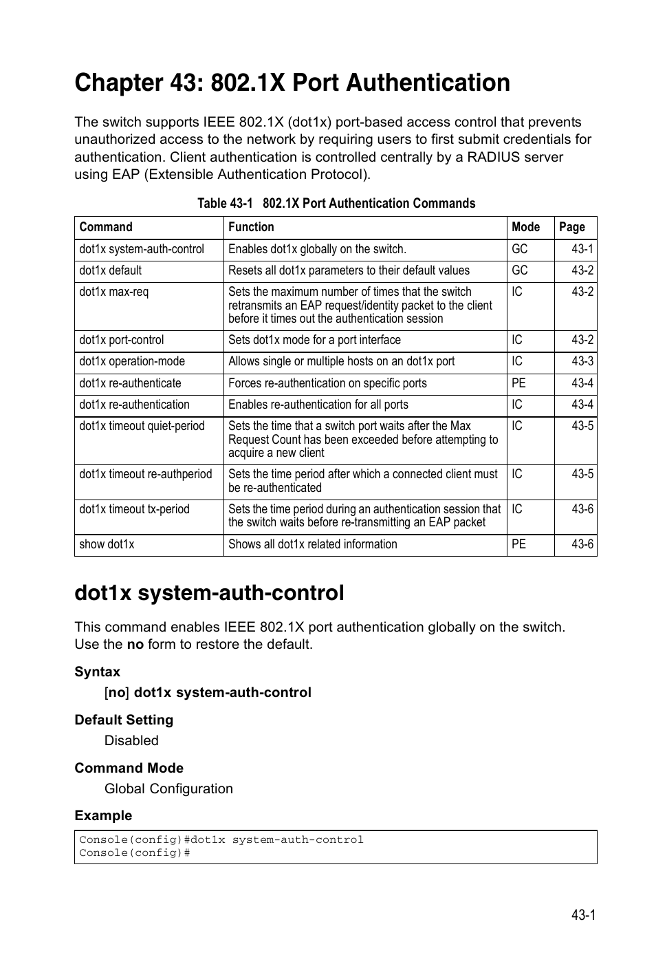 Chapter 43: 802.1x port authentication, Dot1x system-auth-control, Table 43-1 | 1x port authentication commands, 1x port authentication | Accton Technology Direk Tronik ES4524D User Manual | Page 381 / 588