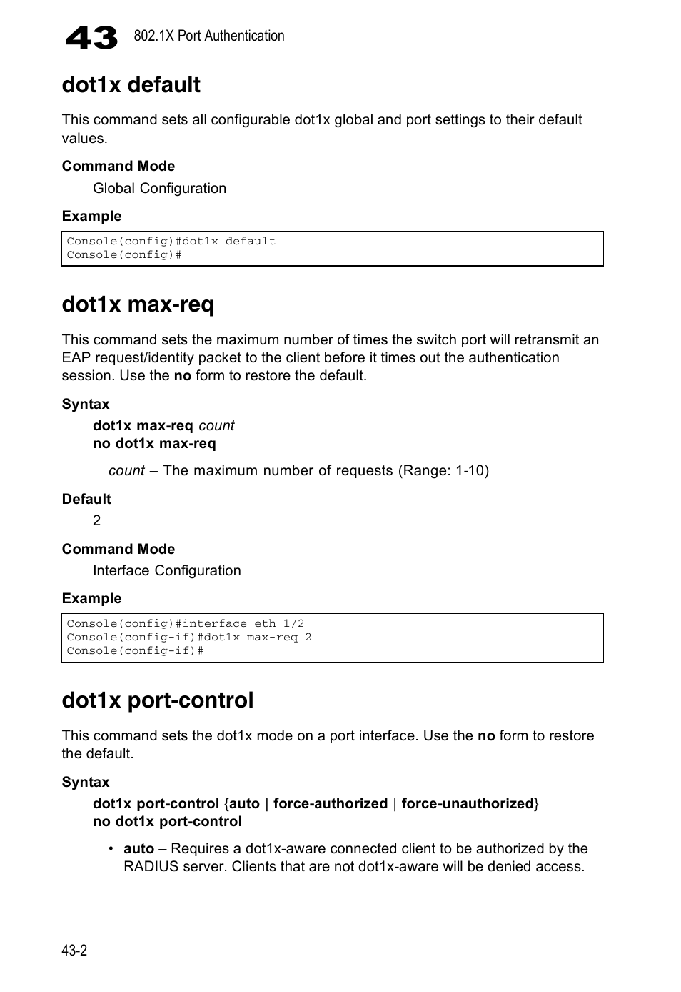 Dot1x default, Dot1x max-req, Dot1x port-control | Accton Technology Direk Tronik ES4524D User Manual | Page 382 / 588