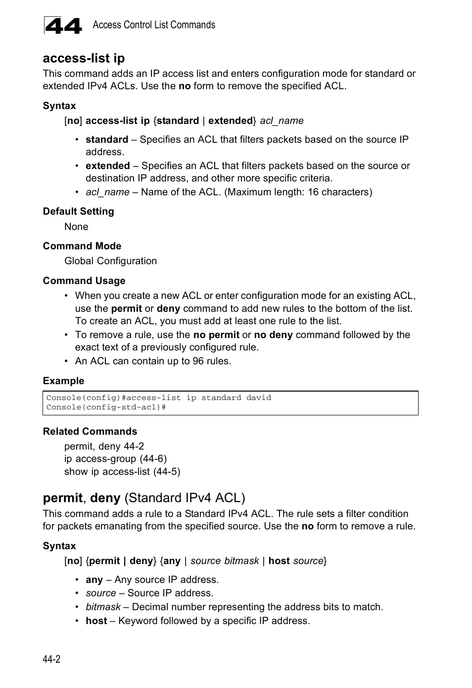 Access-list ip, Permit, deny (standard ipv4 acl), Permit , deny (standard ipv4 acl) | Accton Technology Direk Tronik ES4524D User Manual | Page 390 / 588