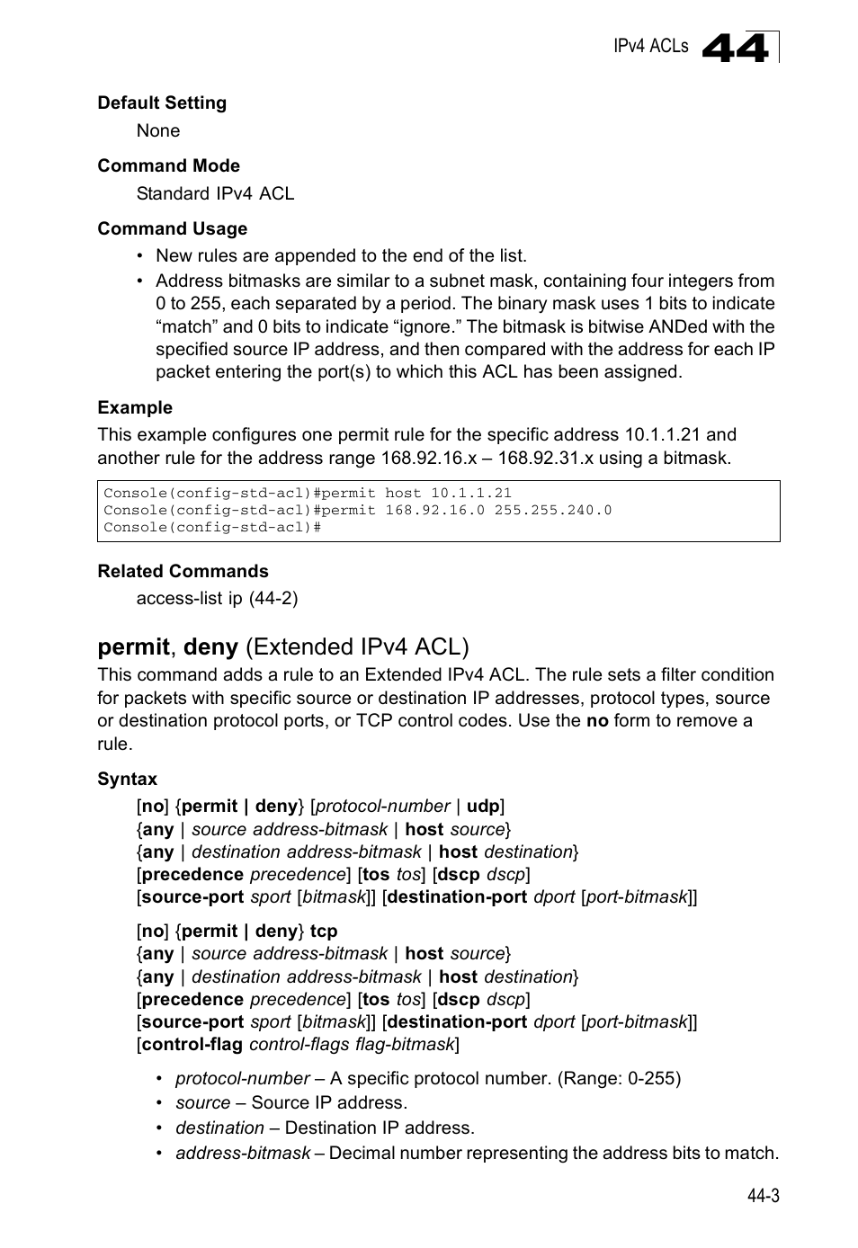 Permit, deny (extended ipv4 acl), Permit , deny (extended ipv4 acl) | Accton Technology Direk Tronik ES4524D User Manual | Page 391 / 588