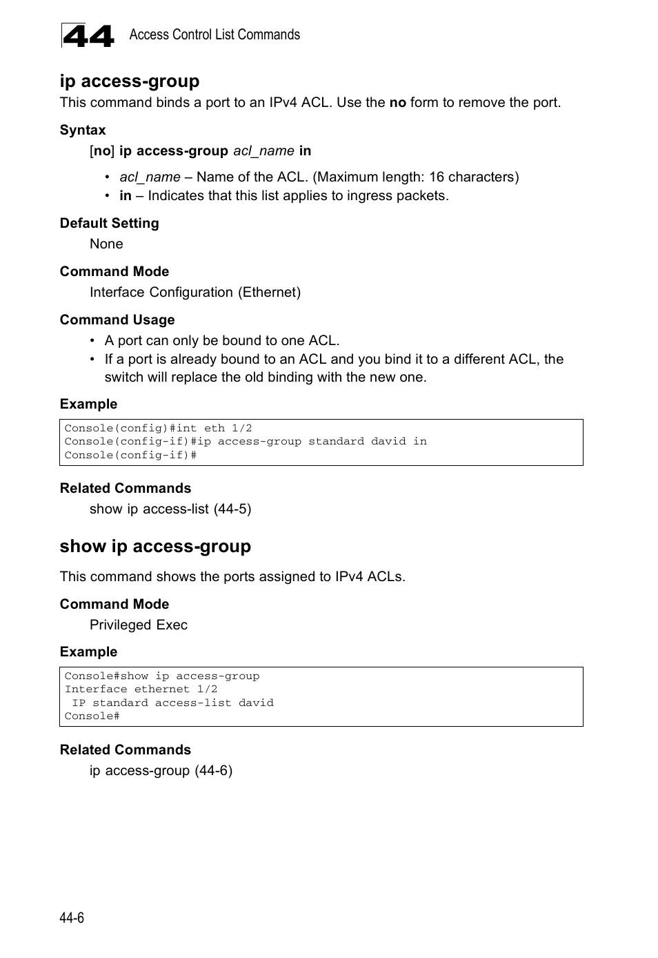 Ip access-group, Show ip access-group | Accton Technology Direk Tronik ES4524D User Manual | Page 394 / 588