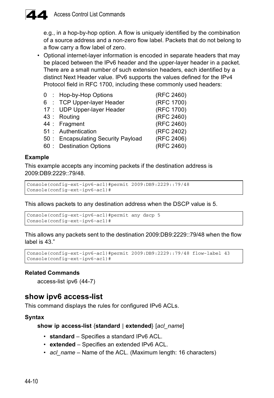 Show ipv6 access-list, Show ipv6 access-list (44-10) | Accton Technology Direk Tronik ES4524D User Manual | Page 398 / 588