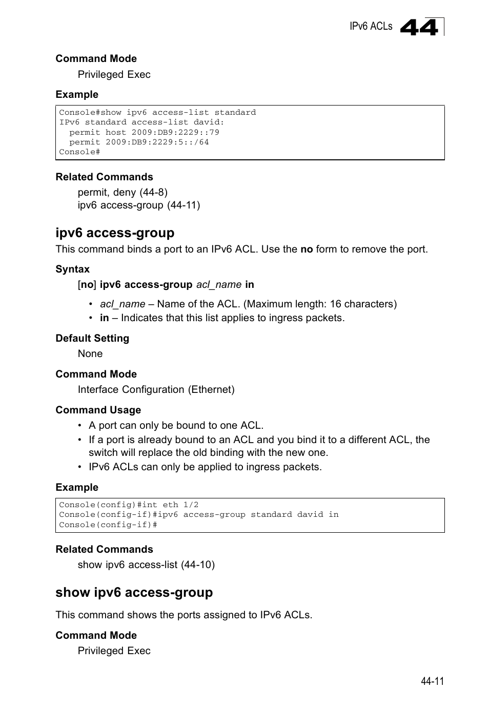 Ipv6 access-group, Show ipv6 access-group, Ipv6 access-group (44-11) | Accton Technology Direk Tronik ES4524D User Manual | Page 399 / 588