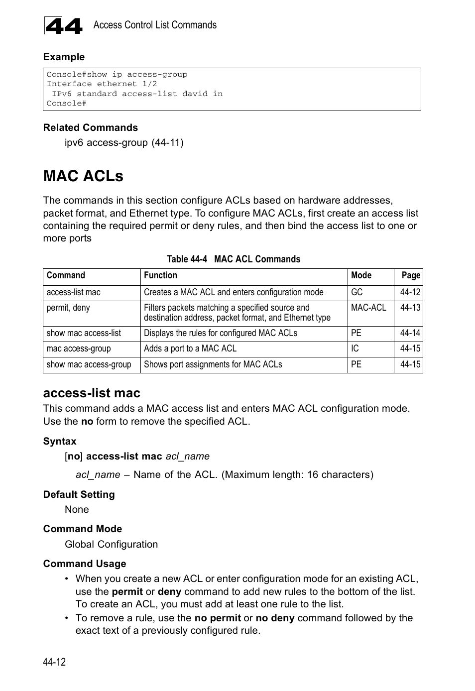 Mac acls, Access-list mac, Table 44-4 | Mac acl commands | Accton Technology Direk Tronik ES4524D User Manual | Page 400 / 588