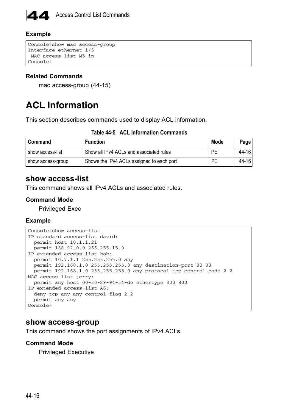 Acl information, Show access-list, Show access-group | Table 44-5, Acl information commands | Accton Technology Direk Tronik ES4524D User Manual | Page 404 / 588