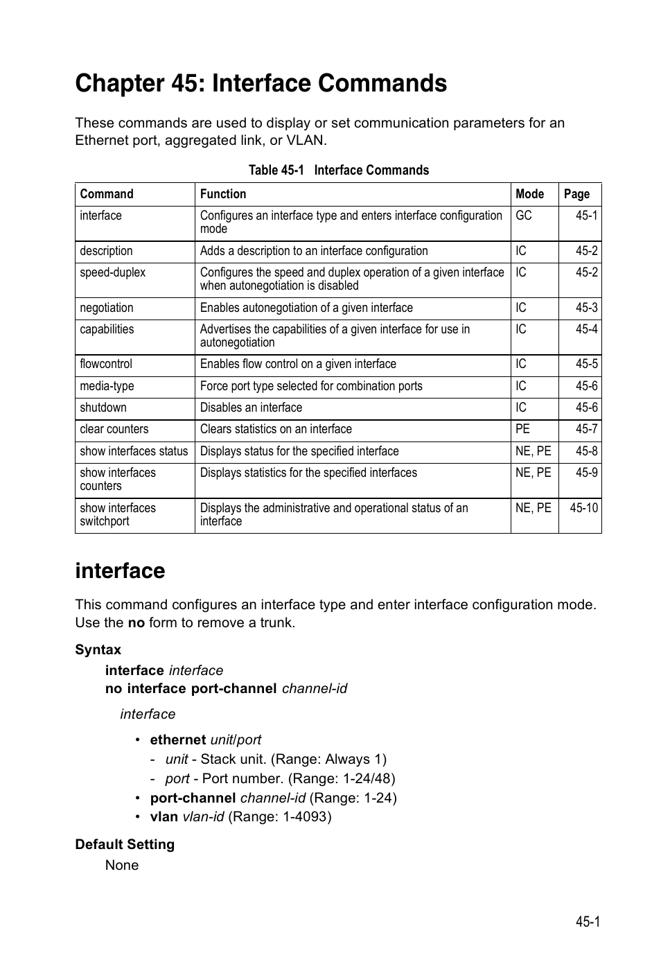 Chapter 45: interface commands, Interface, Interface 45-1 | Table 45-1, Interface commands | Accton Technology Direk Tronik ES4524D User Manual | Page 407 / 588