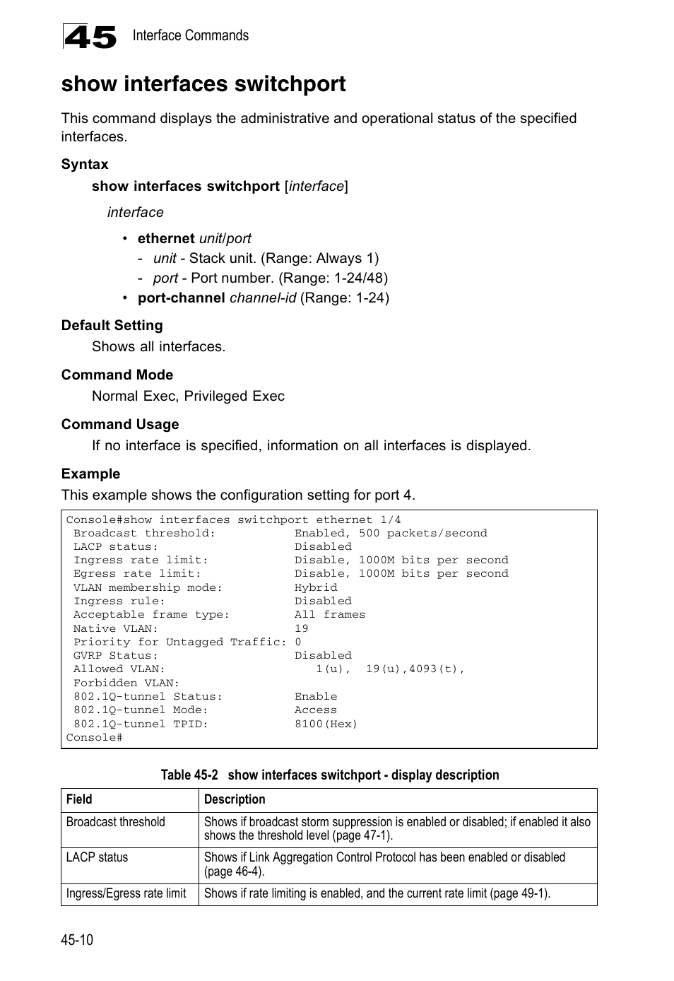 Show interfaces switchport, Table 45-2, Show interfaces switchport - display description | Accton Technology Direk Tronik ES4524D User Manual | Page 416 / 588