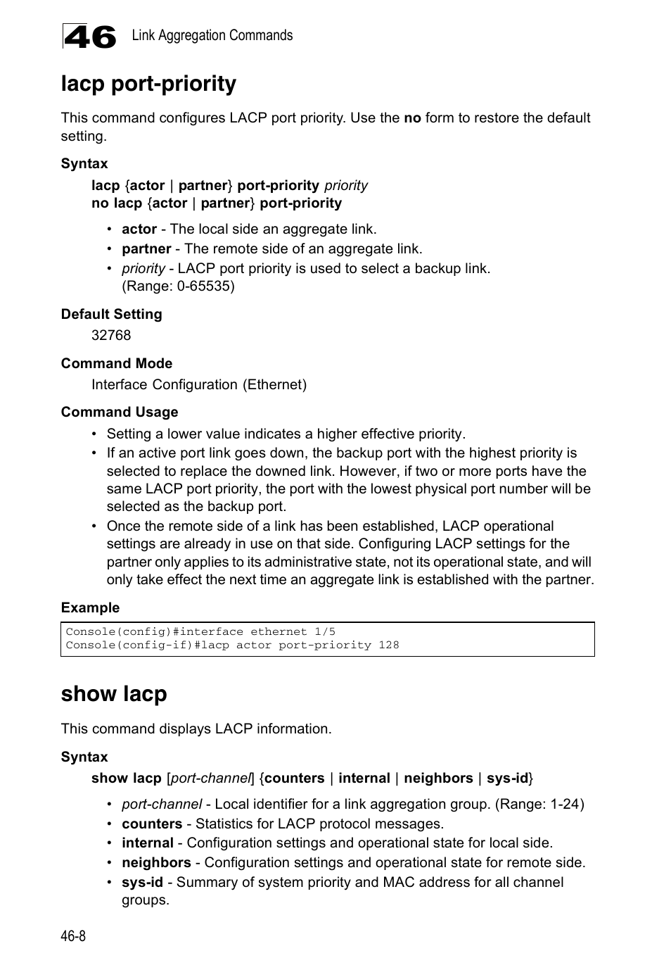 Lacp port-priority, Show lacp | Accton Technology Direk Tronik ES4524D User Manual | Page 426 / 588