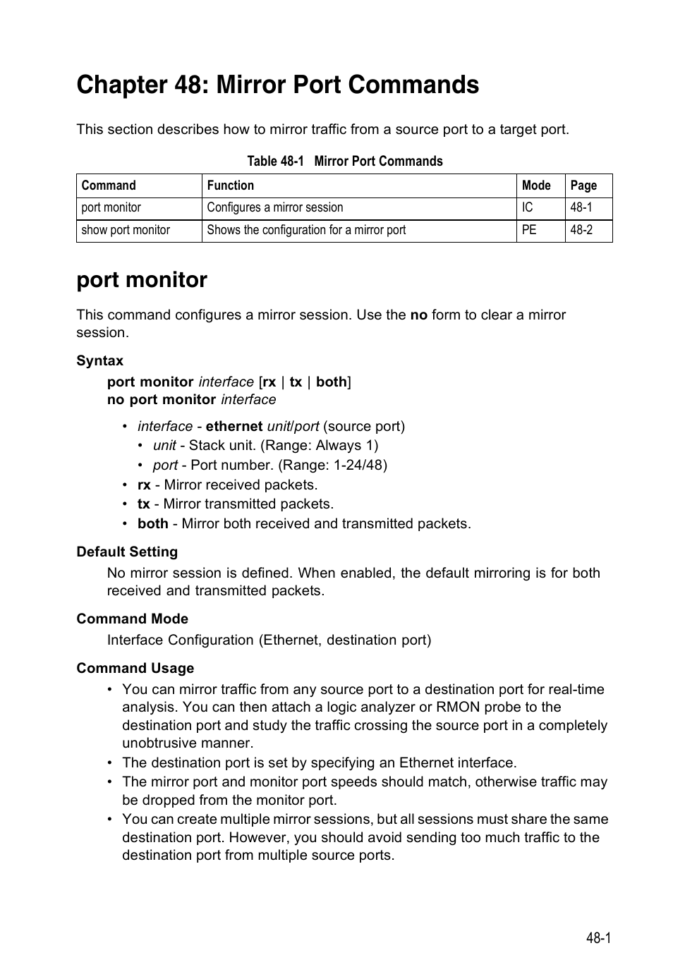 Chapter 48: mirror port commands, Port monitor, Table 48-1 | Mirror port commands | Accton Technology Direk Tronik ES4524D User Manual | Page 433 / 588
