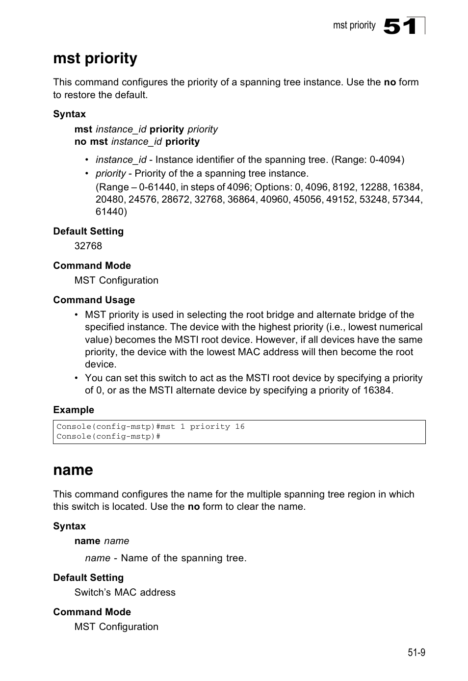 Mst priority, Name, Name 51-9 | Mst priority (51-9) name (51-9) | Accton Technology Direk Tronik ES4524D User Manual | Page 449 / 588