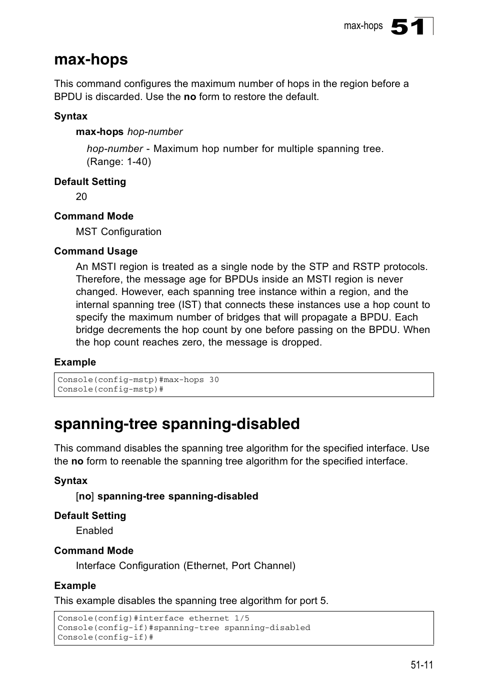 Max-hops, Spanning-tree spanning-disabled, Max-hops 51-11 spanning-tree spanning-disabled | Max-hops (51-11) | Accton Technology Direk Tronik ES4524D User Manual | Page 451 / 588