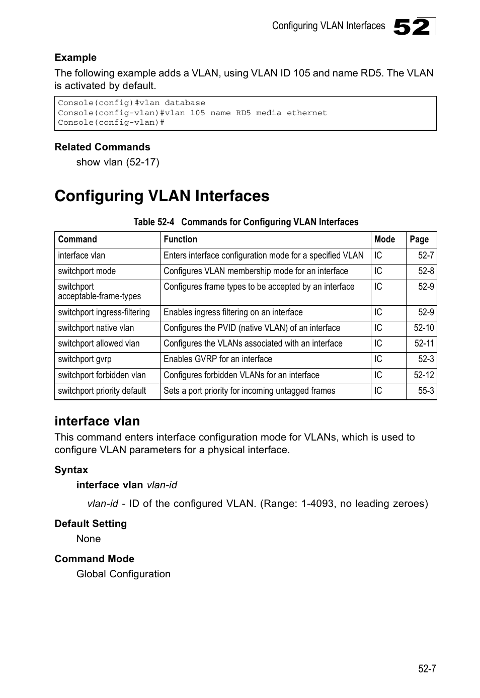 Configuring vlan interfaces, Interface vlan, Table 52-4 | Commands for configuring vlan interfaces | Accton Technology Direk Tronik ES4524D User Manual | Page 467 / 588