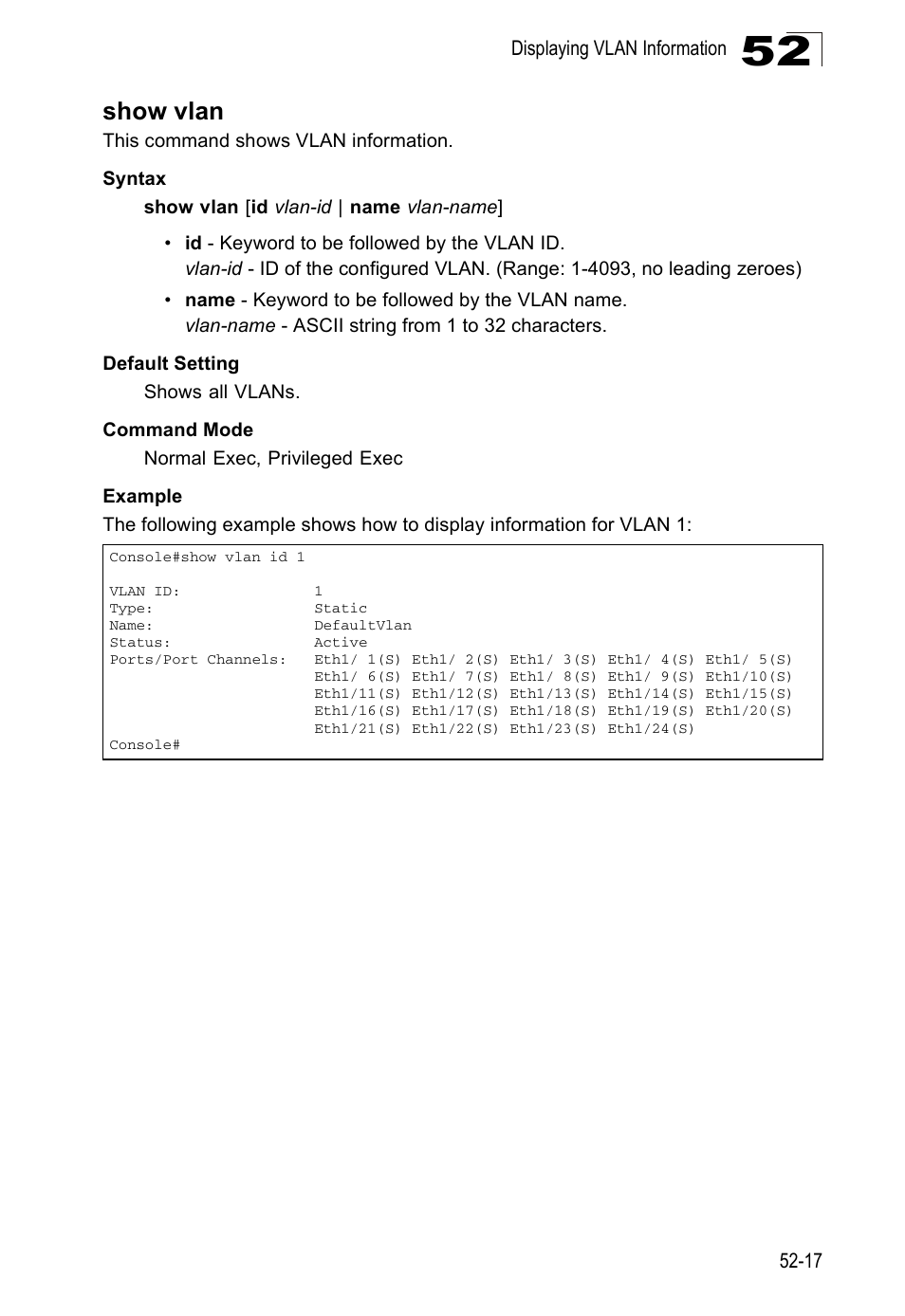 Show vlan, Show vlan (52-17) | Accton Technology Direk Tronik ES4524D User Manual | Page 477 / 588