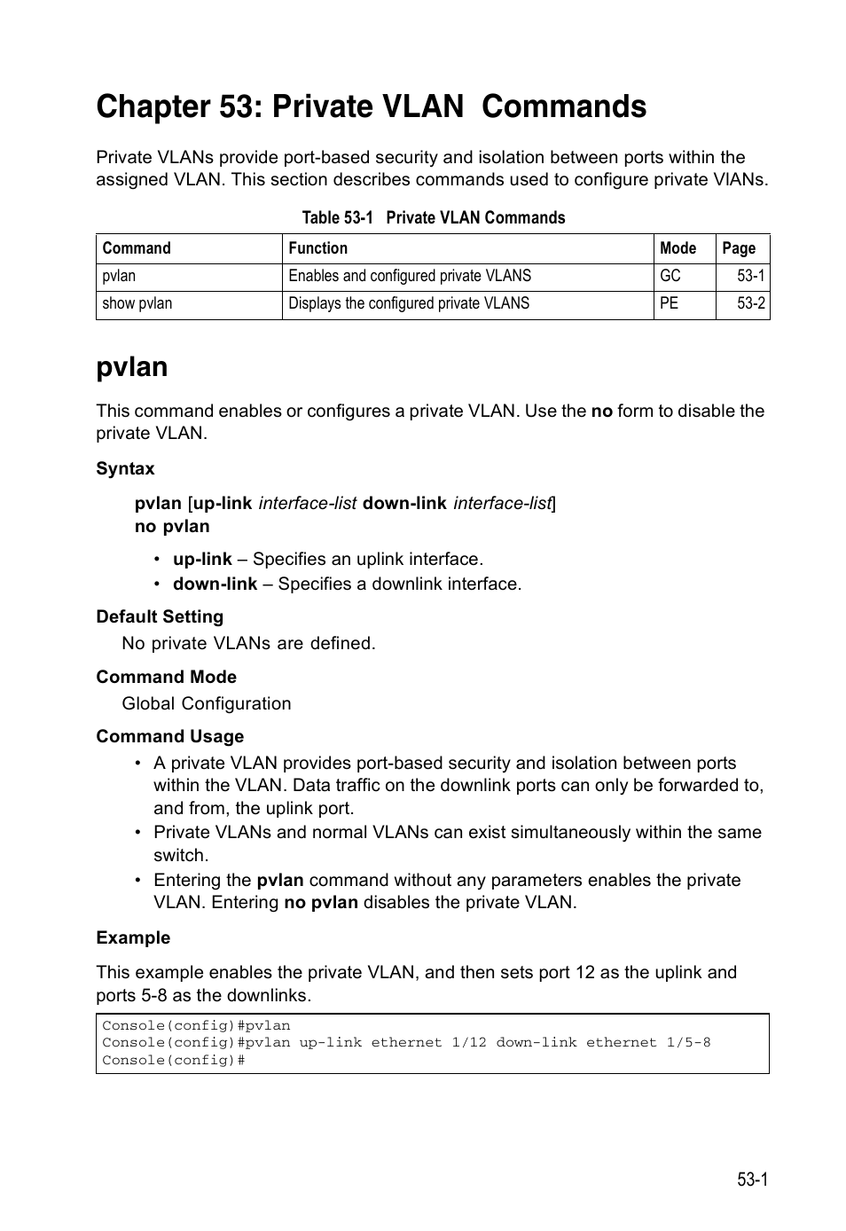 Chapter 53: private vlan commands, Pvlan, Pvlan 53-1 | Table 53-1, Private vlan commands | Accton Technology Direk Tronik ES4524D User Manual | Page 479 / 588