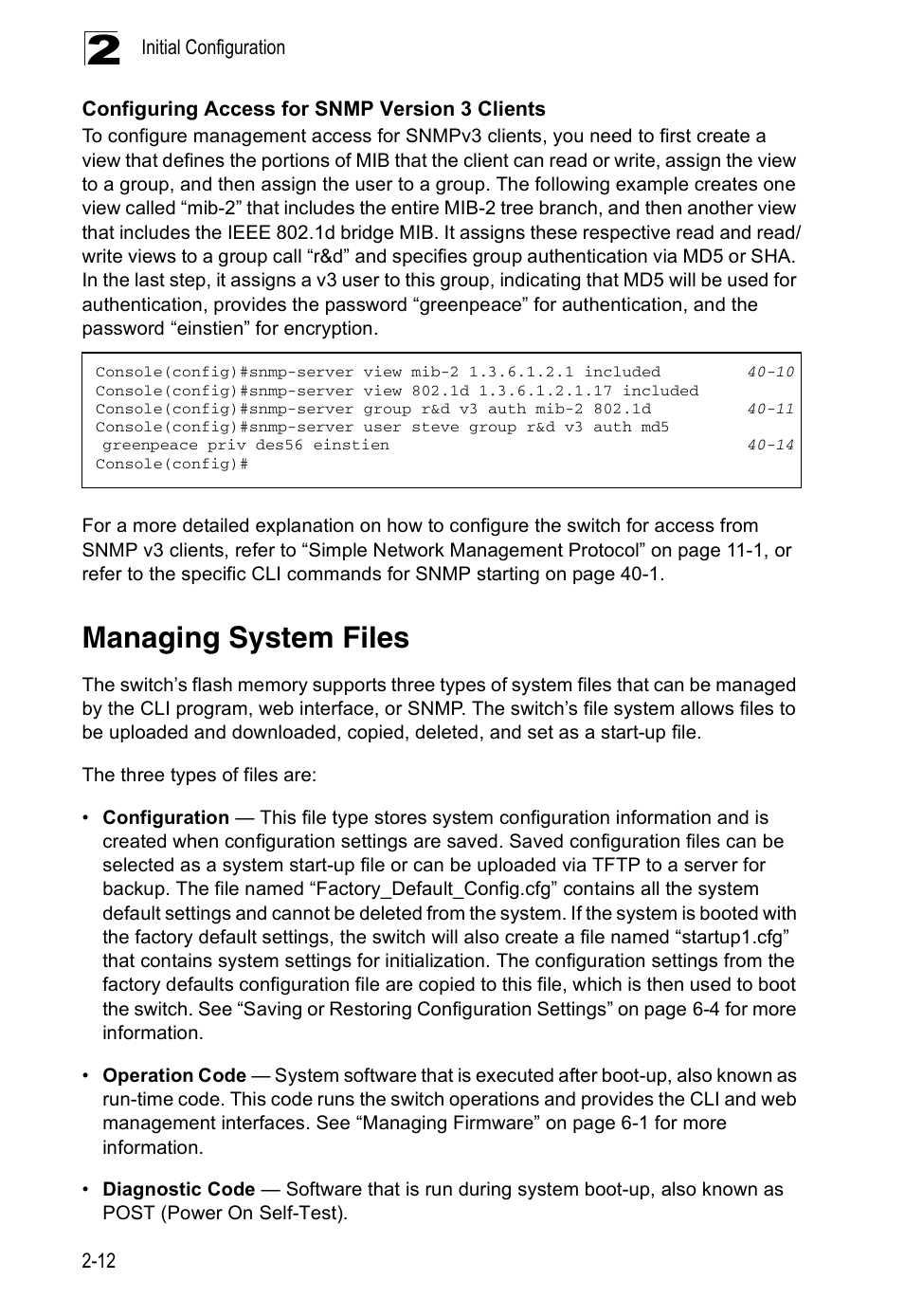 Configuring access for snmp version 3 clients, Managing system files | Accton Technology Direk Tronik ES4524D User Manual | Page 48 / 588
