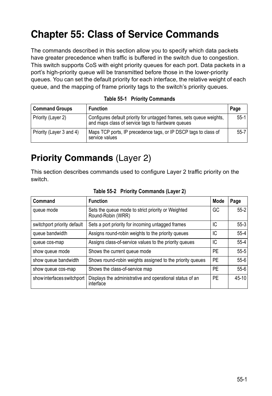 Chapter 55: class of service commands, Priority commands (layer 2), Table 55-1 | Priority commands, Table 55-2, Class of service commands | Accton Technology Direk Tronik ES4524D User Manual | Page 485 / 588