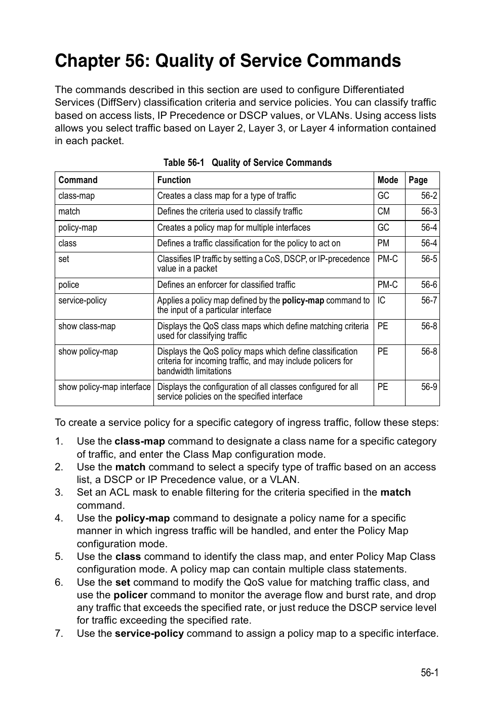 Chapter 56: quality of service commands, Table 56-1, Quality of service commands | Accton Technology Direk Tronik ES4524D User Manual | Page 499 / 588