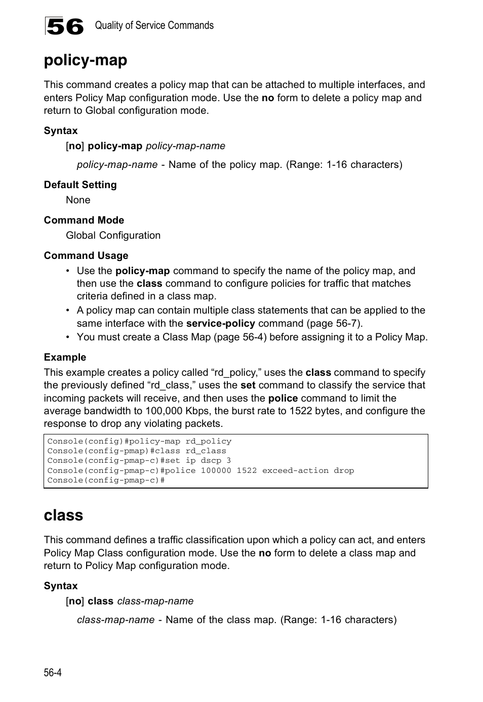 Policy-map, Class, Policy-map 56-4 class 56-4 | Accton Technology Direk Tronik ES4524D User Manual | Page 502 / 588