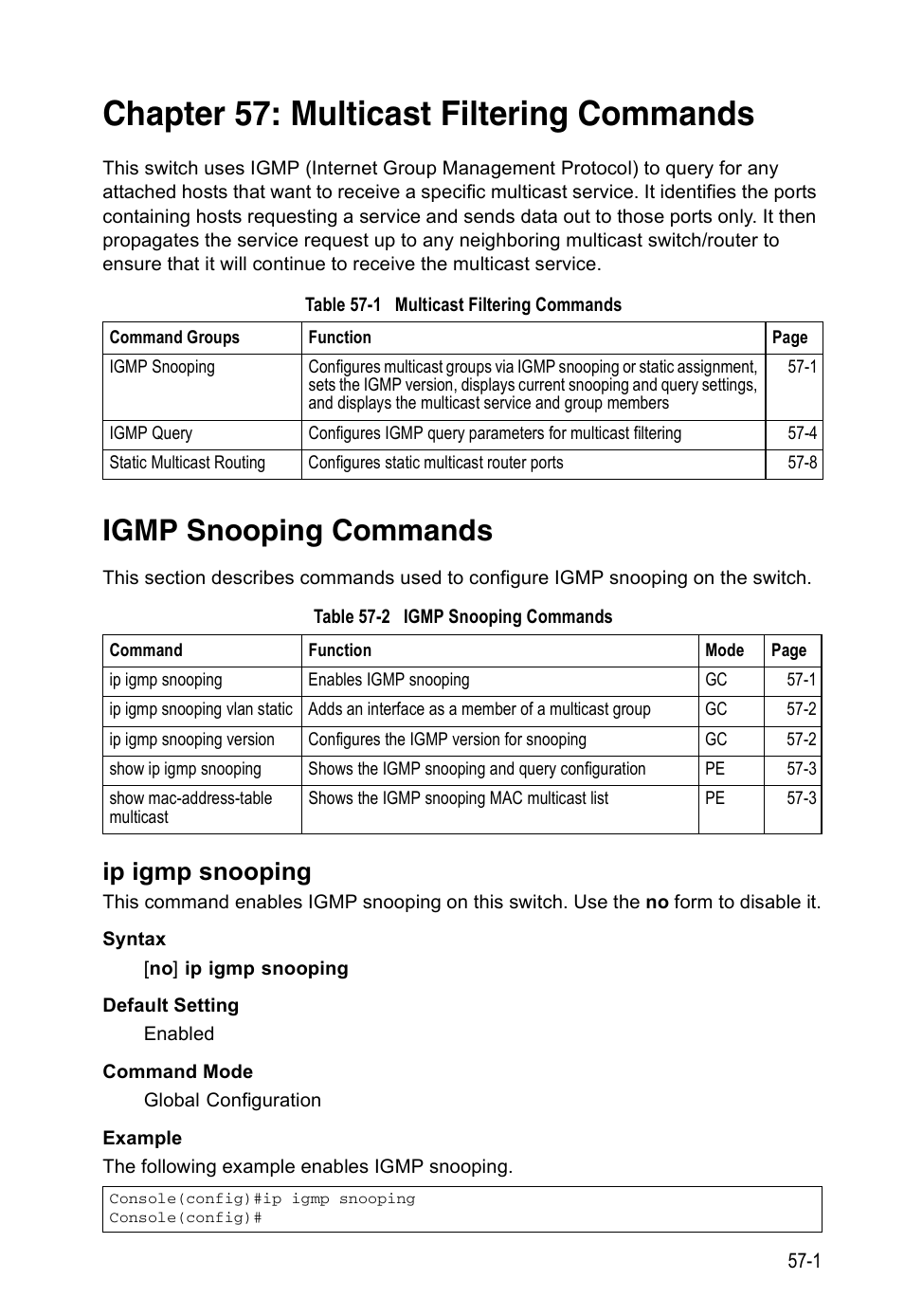 Chapter 57: multicast filtering commands, Igmp snooping commands, Ip igmp snooping | Table 57-1, Multicast filtering commands, Table 57-2 | Accton Technology Direk Tronik ES4524D User Manual | Page 509 / 588