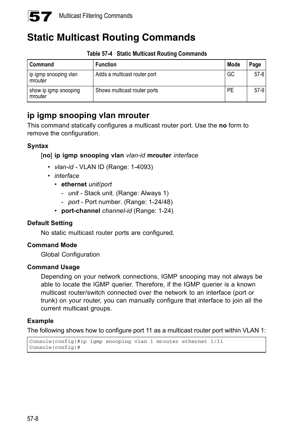 Static multicast routing commands, Ip igmp snooping vlan mrouter, Table 57-4 | Accton Technology Direk Tronik ES4524D User Manual | Page 516 / 588