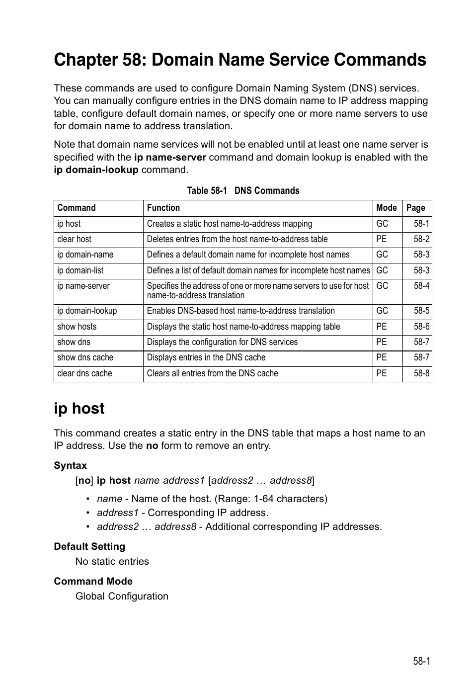 Chapter 58: domain name service commands, Ip host, Table 58-1 | Dns commands, Domain name service commands | Accton Technology Direk Tronik ES4524D User Manual | Page 519 / 588