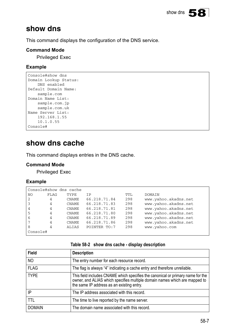 Show dns, Show dns cache, Table 58-2 | Show dns cache - display description | Accton Technology Direk Tronik ES4524D User Manual | Page 525 / 588