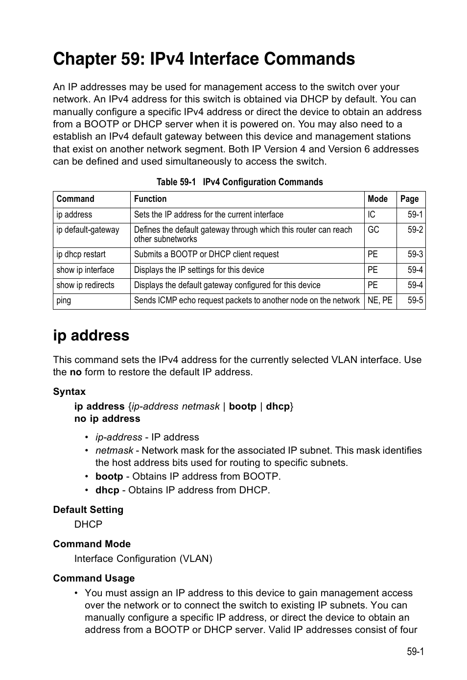 Chapter 59: ipv4 interface commands, Ip address, Table 59-1 | Ipv4 configuration commands, Ipv4 interface commands | Accton Technology Direk Tronik ES4524D User Manual | Page 527 / 588