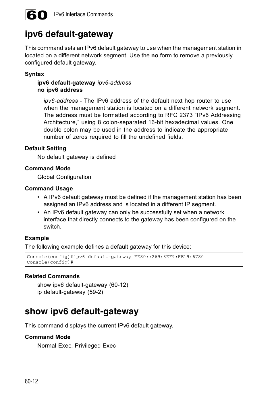 Ipv6 default-gateway, Show ipv6 default-gateway, Show ipv6 default-gateway (60-12) | Accton Technology Direk Tronik ES4524D User Manual | Page 544 / 588