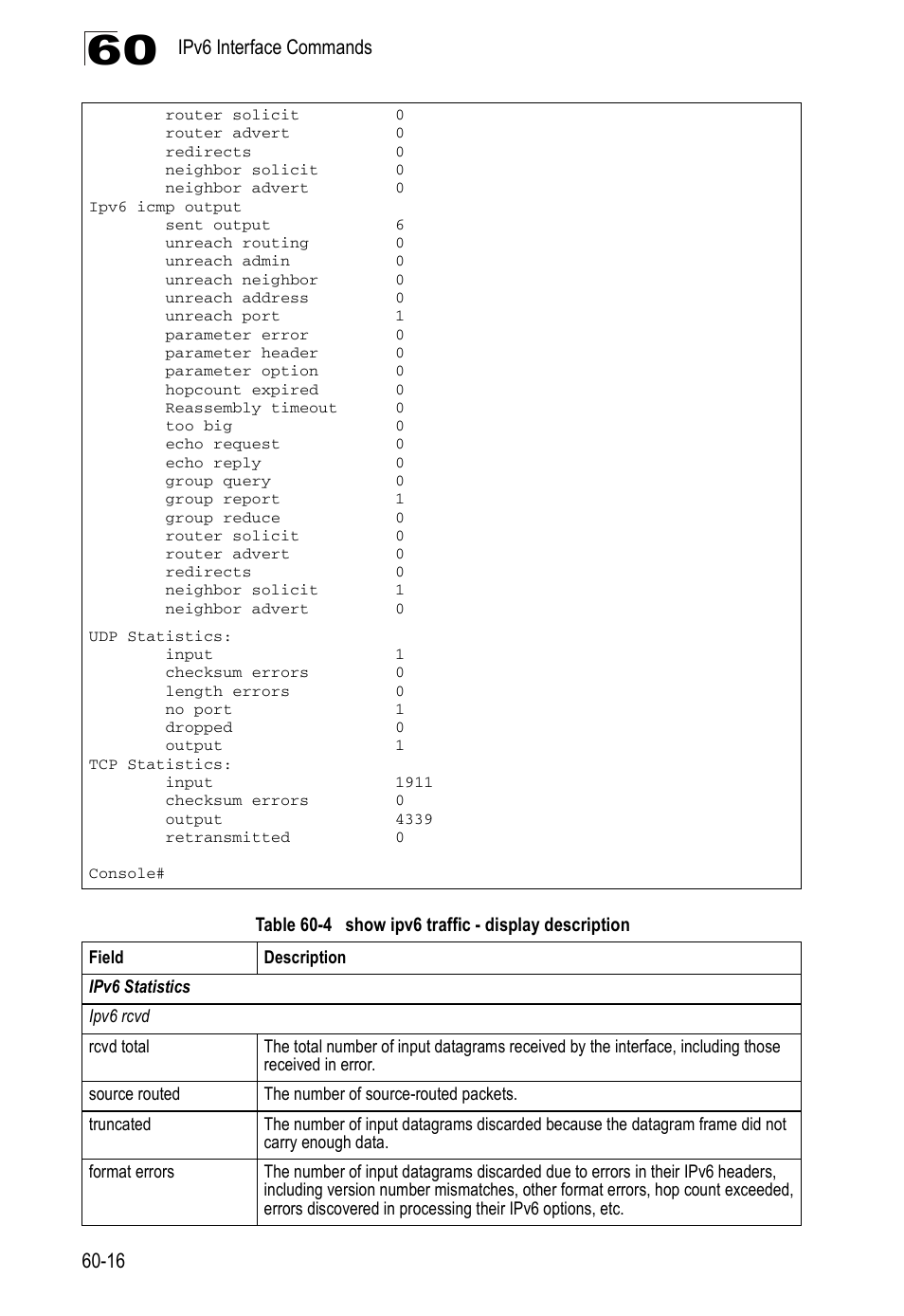 Table 60-4, Show ipv6 traffic - display description | Accton Technology Direk Tronik ES4524D User Manual | Page 548 / 588